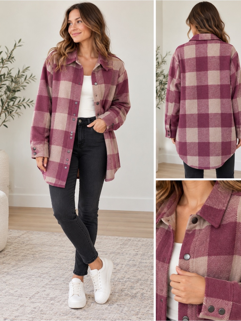 Plaid Shacket in Mauve, Pink and Beige - Women's Button-Up Top